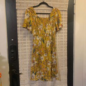 ROOLEE mustard yellow floral midi dress short sleeve square neck smocked top